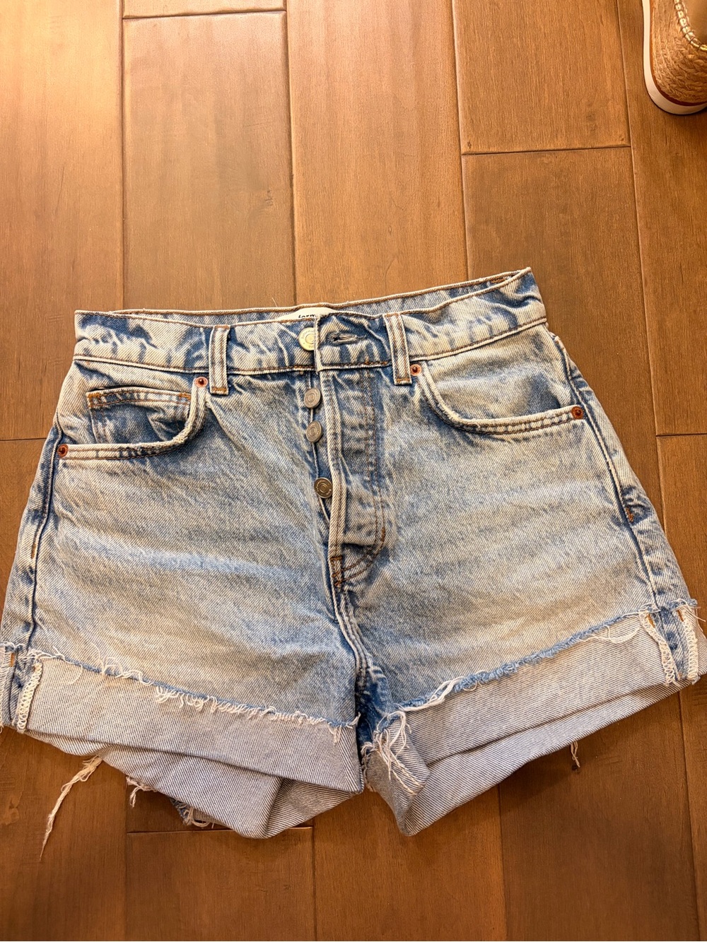 Reformation Light Blue Button-Front Denim Shorts